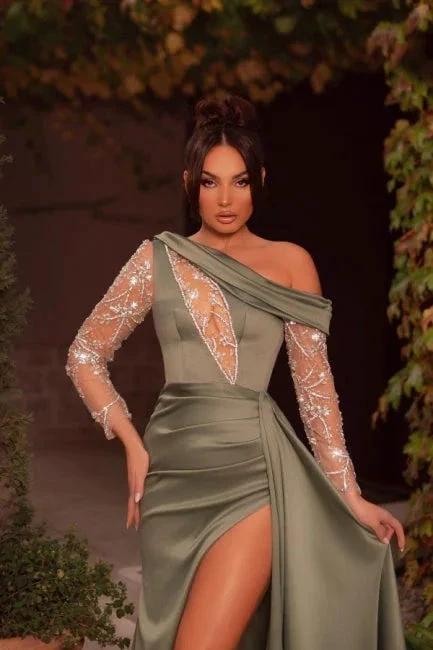 Sexy One Shoulder Beading Split Evening Dresses Long Prom Dresses With Long Sleeves - Image 2