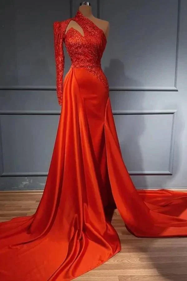Sexy One Shoulder High Neck Silk Satin Glitter Floral Patterns Slim Mermaid Evening Dress with Detachable Train
