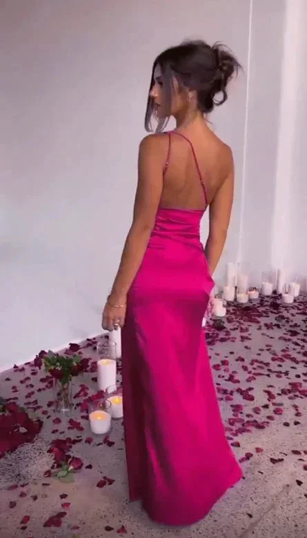 Sexy One Shoulder Hot Pink Prom Dress Saton Slit Evening Dress Y7623 - Image 3