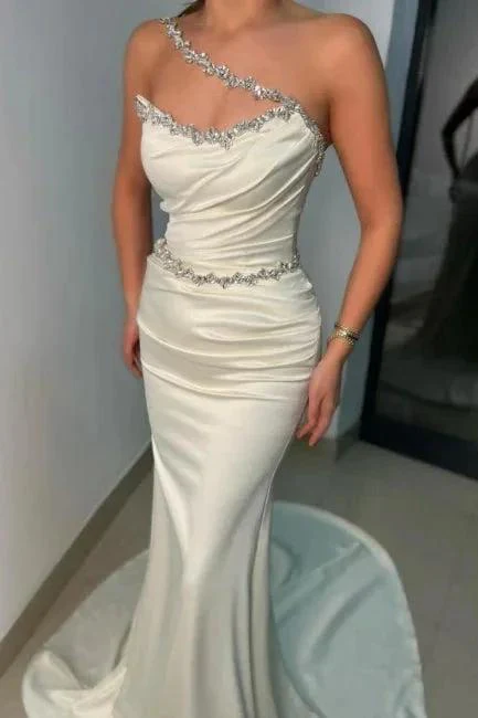 Sexy One-Shoulder Sleeveless Mermaid Long White Prom Dresses - Image 2