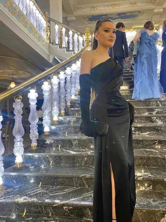 Sexy One Shoulder Slit Black Evening Dress Prom Dress With Gloves Y7686 - Image 2