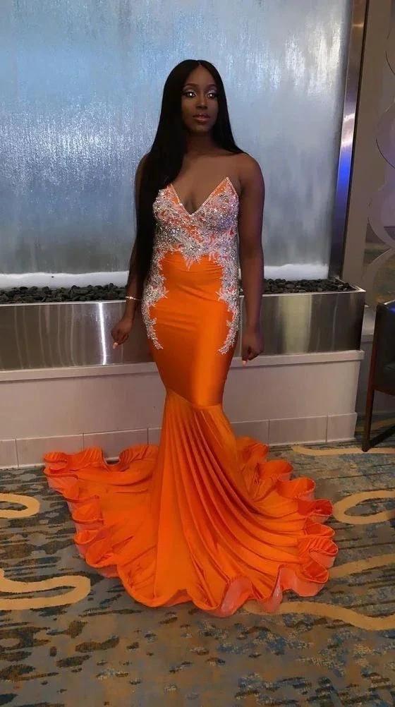 Sexy Orange Mermaid Evening Dresses With Appliques Y549 - Image 2