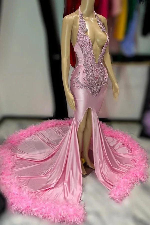 Sexy Pink Feathered Deep V Neck Prom Dress with Appliques and Slit - Image 2