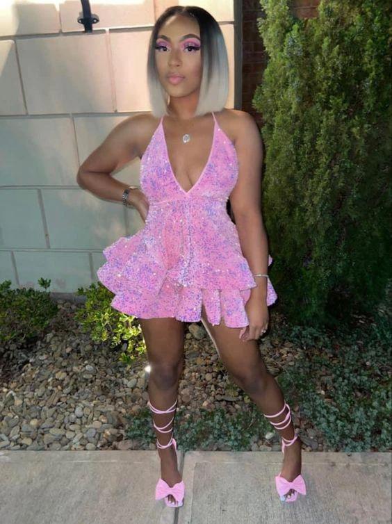 Sexy Pink Sequin Short Homecoming Dresses Mini Halter Neck Backless African Black Girl Party Graduation Dress Y327 - Image 2