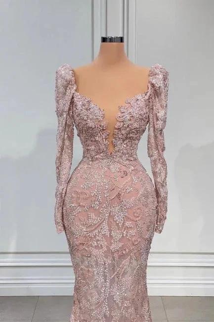 Sexy Pink V-neck Long Sleeves Lace Mermaid Prom Dress Evening Gowns - Image 2