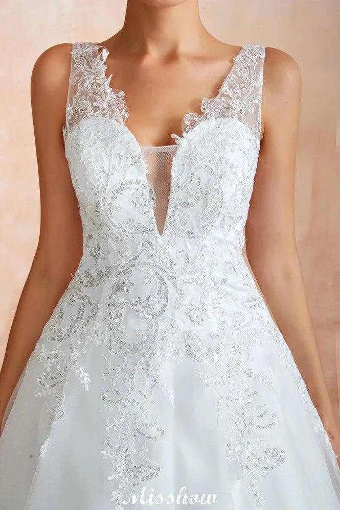 Sexy Pluging V-Neck Wedding Dress Sheer Lace Aline Bridal Gown - Image 10