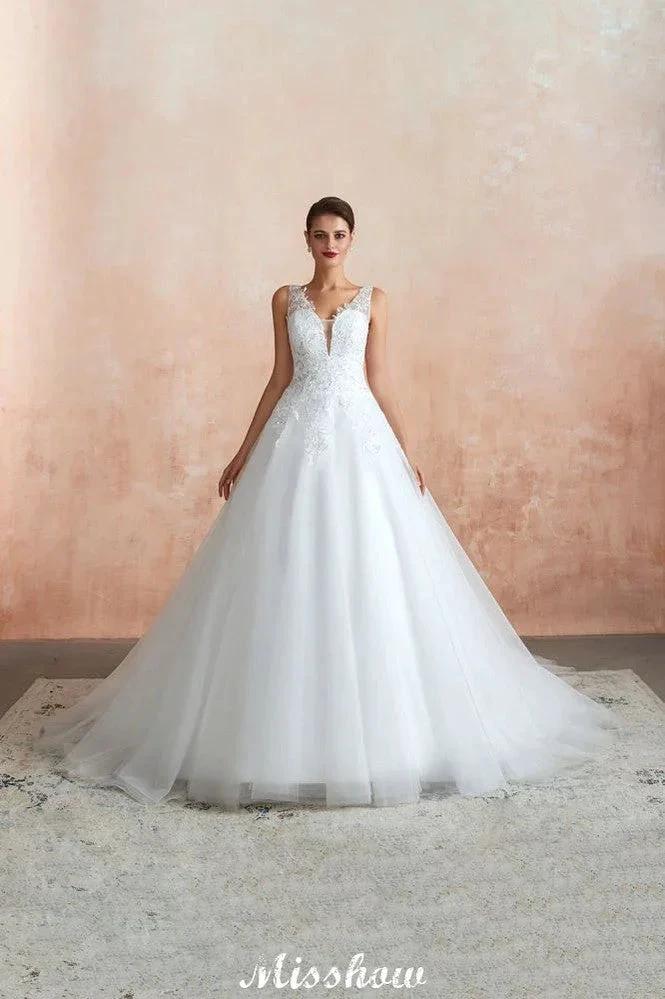 Sexy Pluging V-Neck Wedding Dress Sheer Lace Aline Bridal Gown - Image 2