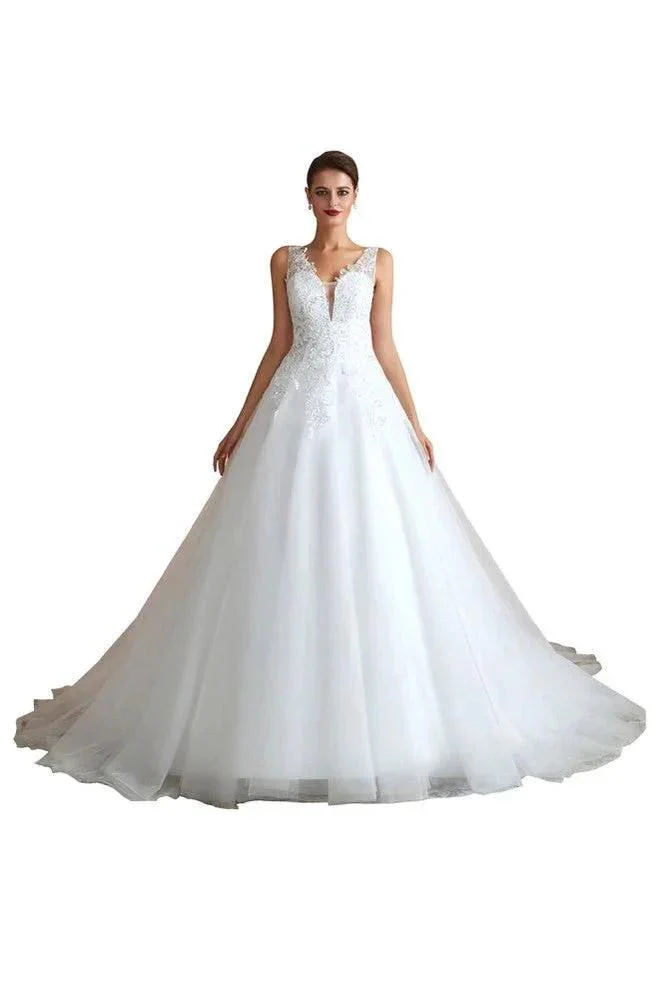 Sexy Pluging V-Neck Wedding Dress Sheer Lace Aline Bridal Gown - Image 3