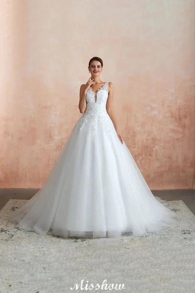 Sexy Pluging V-Neck Wedding Dress Sheer Lace Aline Bridal Gown - Image 5