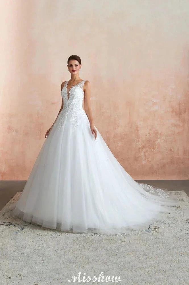 Sexy Pluging V-Neck Wedding Dress Sheer Lace Aline Bridal Gown - Image 6