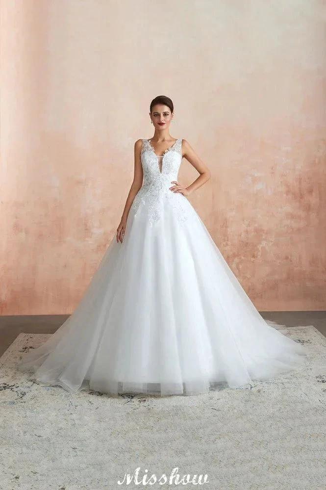 Sexy Pluging V-Neck Wedding Dress Sheer Lace Aline Bridal Gown - Image 9