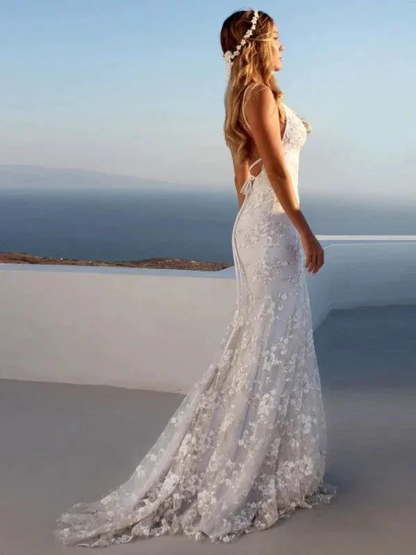 Sexy Pretty Mermaid Elegant Wedding Dresses White V-Neck Backless Lace Bridal Dresses - Image 2