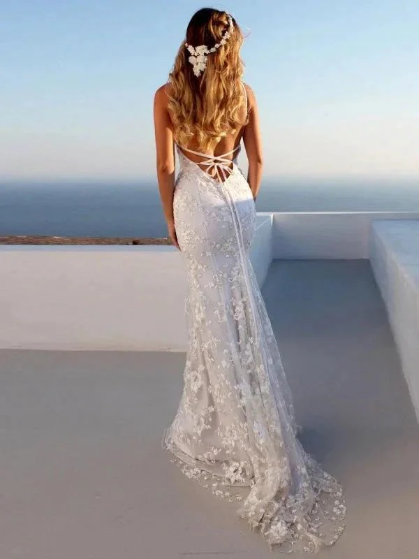 Sexy Pretty Mermaid Elegant Wedding Dresses White V-Neck Backless Lace Bridal Dresses - Image 3