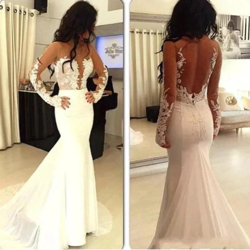 Sexy Pretty Mermaid Open Back Long Sleeve Elegant Wedding Dresses - Image 2