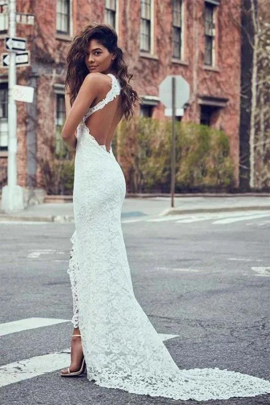 Sexy Pretty Mermaid Jewel Lace Backless With Court Train Beach Elegant Wedding Dresses - Image 2