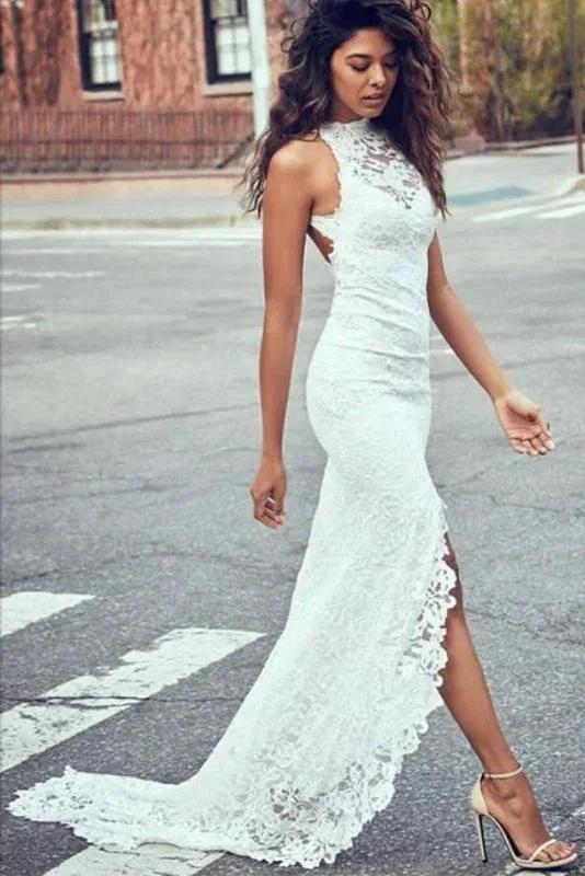 Sexy Pretty Mermaid Jewel Lace Backless With Court Train Beach Elegant Wedding Dresses - Image 3