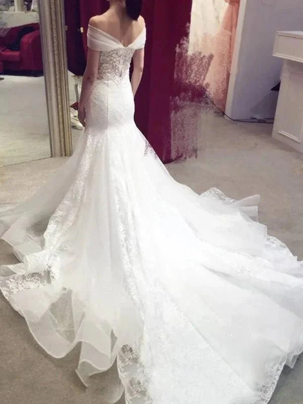 Sexy Pretty Mermaid Off-the-shoulder Chapel Train Lace Applique Elegant Wedding Dresses - Image 2