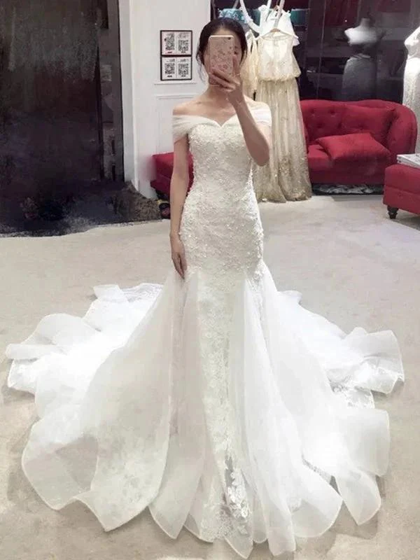 Sexy Pretty Mermaid Off-the-shoulder Chapel Train Lace Applique Elegant Wedding Dresses - Image 3
