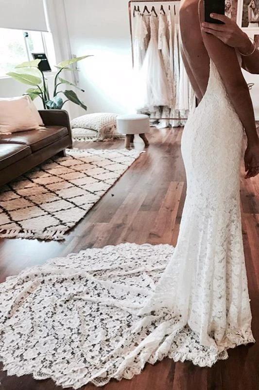 Sexy Pretty Mermaid Spaghetti Straps Backless Beach Lace Elegant Wedding Dresses - Image 2