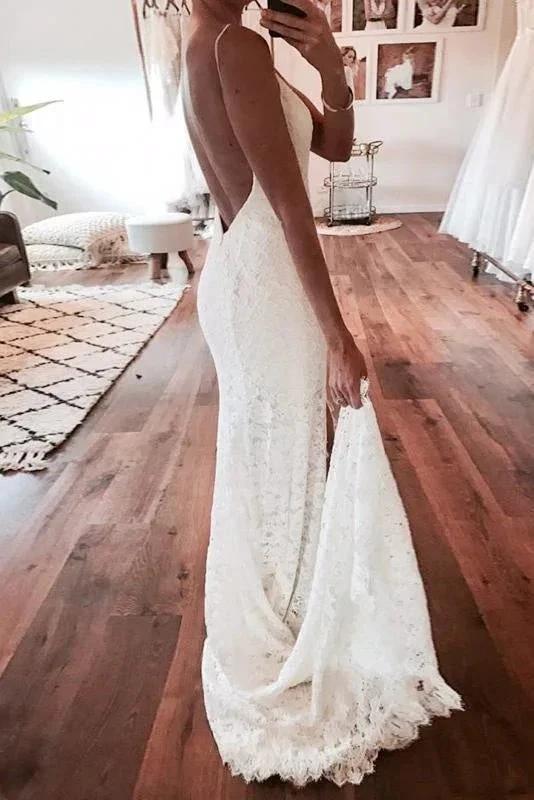 Sexy Pretty Mermaid Spaghetti Straps Backless Beach Lace Elegant Wedding Dresses - Image 3