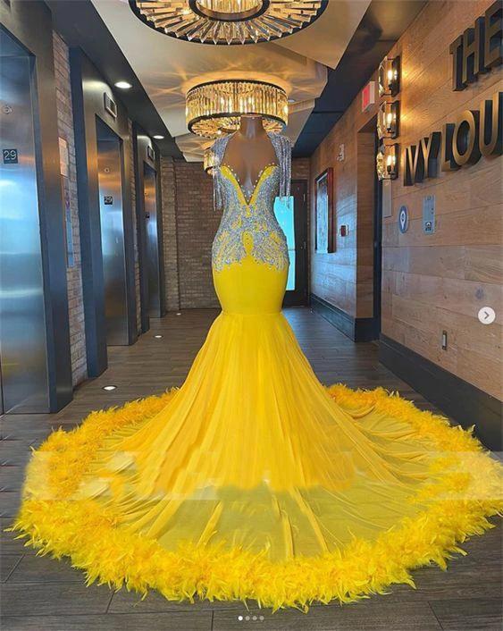 Sexy prom dresses, yellow prom dresses, feather prom dresses, crystal prom dresses, mermaid evening dresses Y546 - Image 2