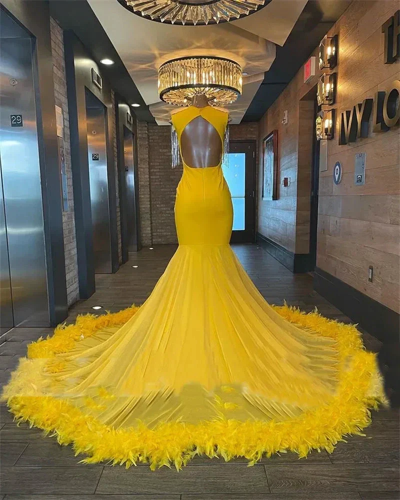 Sexy prom dresses, yellow prom dresses, feather prom dresses, crystal prom dresses, mermaid evening dresses Y546 - Image 3