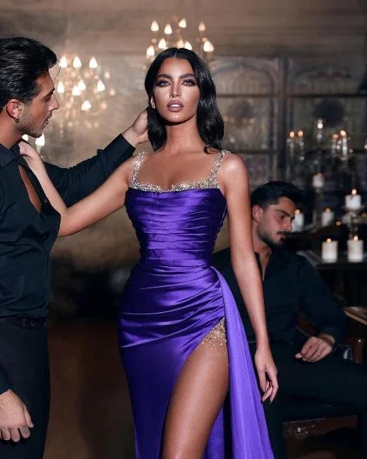Sexy Purple Long Glitter Sleeveless Slit Mermaid Prom Dresses - Image 2
