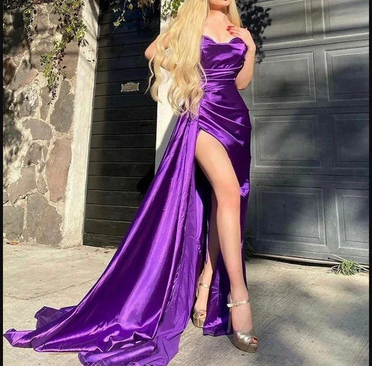 Sexy Purple Mermaid Satin Long Prom Dresses Side Slit Long Evening Dress Y1923 - Image 2