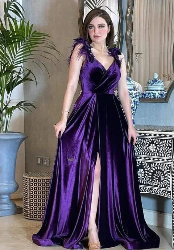 Sexy Purple Velvet A-line Prom Dress Purple Evening Gown Y5802 - Image 2