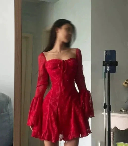 Sexy Red Lace Trumpet Sleeves Homecoming Dress Party Dress Y7655 - Image 2