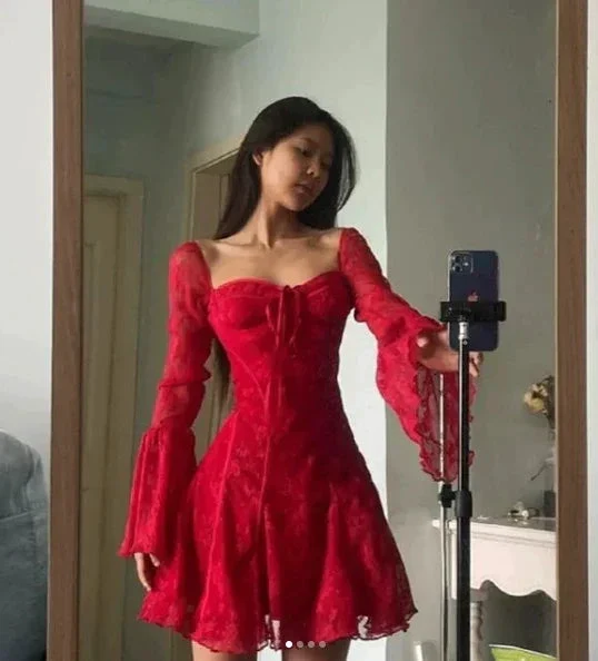 Sexy Red Lace Trumpet Sleeves Homecoming Dress Party Dress Y7655 - Image 3