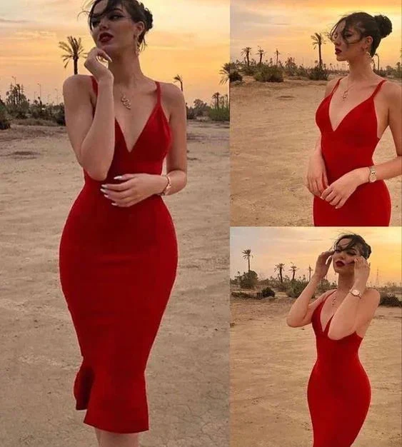 Sexy Red Prom Dress,Midi Sheath Evening Dresses Y4129 - Image 2
