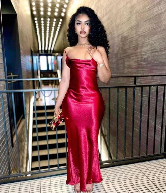 Sexy Red Satin Mermaid Spaghetti Straps Long Evening Dress Y6256 - Image 2