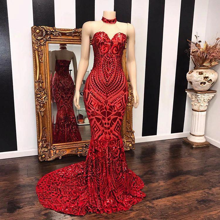 Sexy Red Sequins Mermaid Sweetheart Long Evening Gowns - Image 2