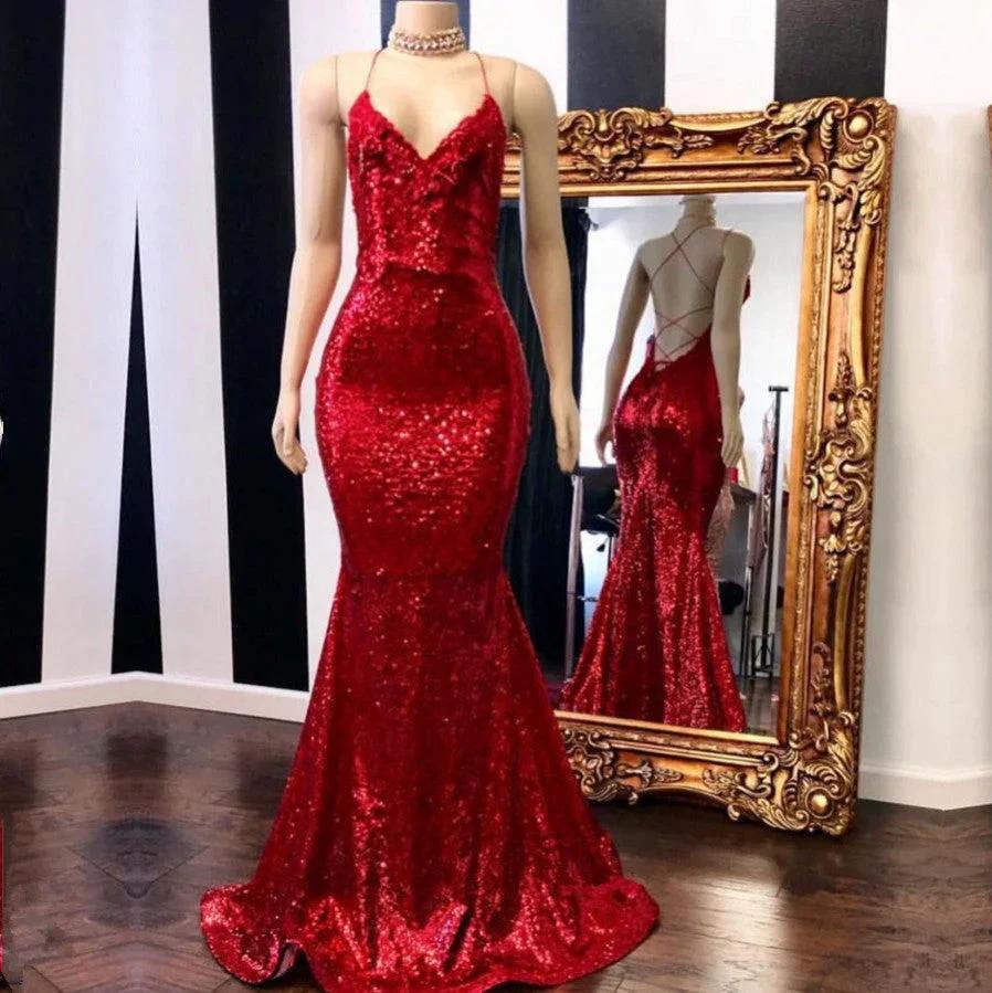 Sexy Red Sequins Spaghetti Straps Mermaid Evening Gowns - Image 2