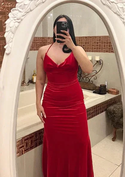 Sexy Red Spaghetti Straps Red Velvet Evening Dress Mermaid Prom Dress Y7816 - Image 2