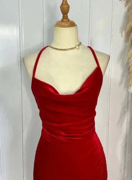 Sexy Red Spaghetti Straps Red Velvet Evening Dress Mermaid Prom Dress Y7816 - Image 3