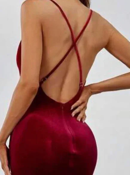 Sexy Red Spaghetti Straps Red Velvet Evening Dress Mermaid Prom Dress Y7816 - Image 5