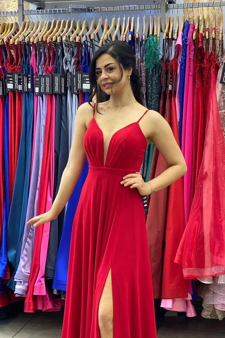 Sexy Red V-Neck Side Split Prom Dress Spaghetti Straps - Image 4
