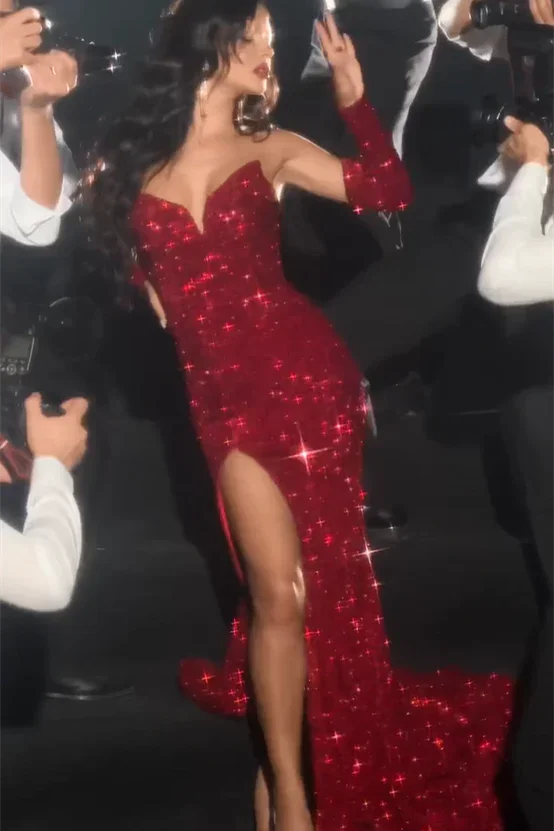 Sexy Red V-neck Sleeveless Sequined Split Front Mermaid Prom Dress - Image 6