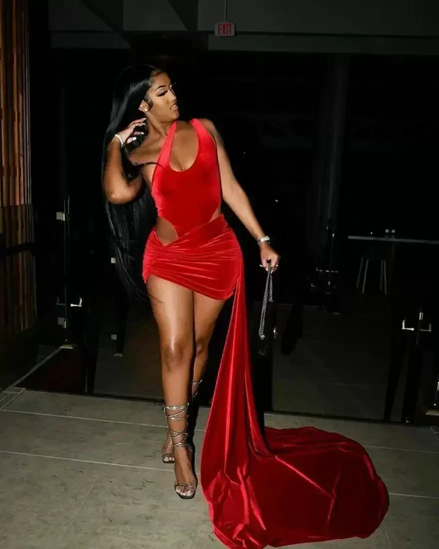 Sexy Red Velvet Party Dress Slit Black Girl Prom Dress Cocktail Dress Y8135 - Image 2