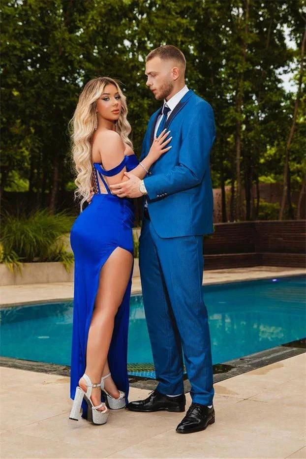 Sexy Royal Blue Off-the-shoulder Satin Split Front Mermaid Prom Dress - Image 2