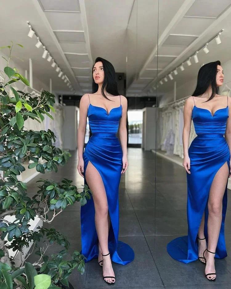 Sexy Royal Blue Spaghetti-Straps Mermaid Prom Dresses With Split - Image 2