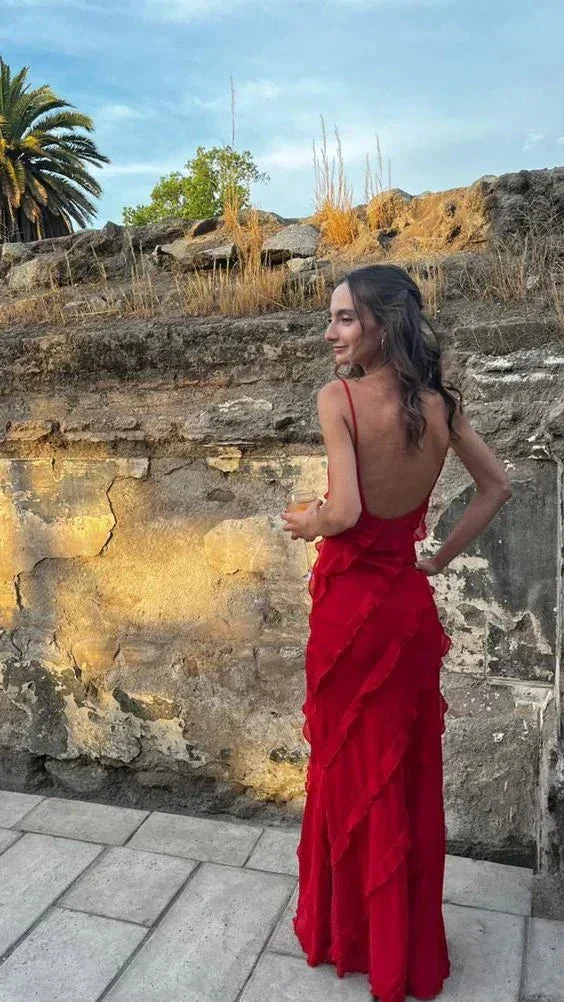Sexy Ruffles Prom Dress Red Backless Long Party Dress Evening Dress Y7474 - Image 3