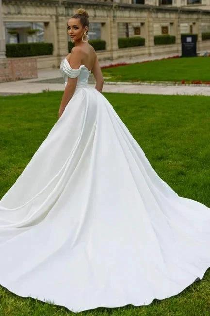 Sexy Satin A-line Off-the-shoulder Sleeveless Sequined Wedding Dress With Slit - Image 2