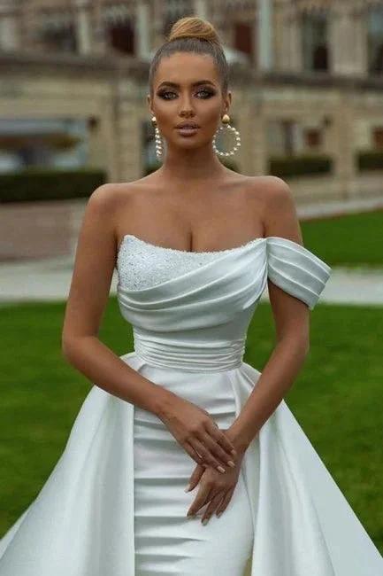 Sexy Satin A-line Off-the-shoulder Sleeveless Sequined Wedding Dress With Slit - Image 3