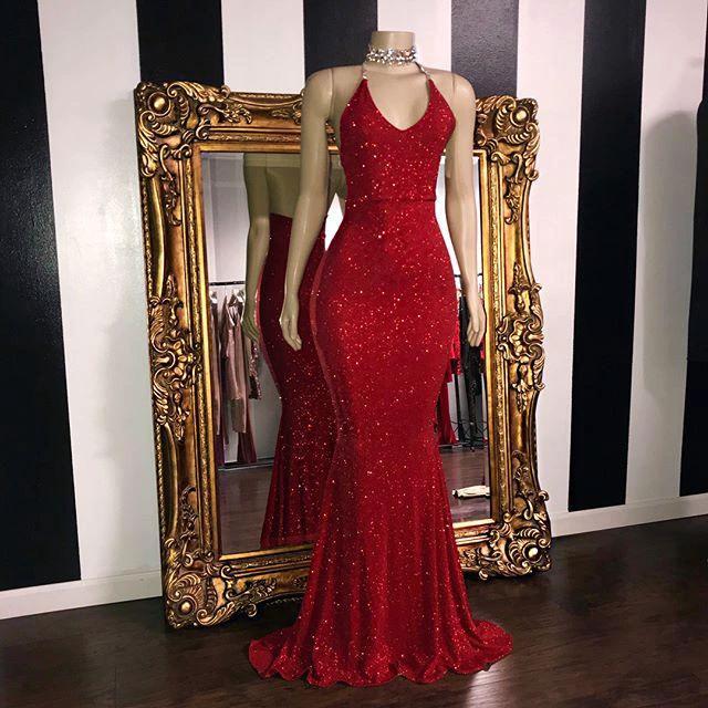 Sexy Sequins Sleeveless Mermaid Prom Dresses | Glitter Halter Red Evening Gowns - Image 2