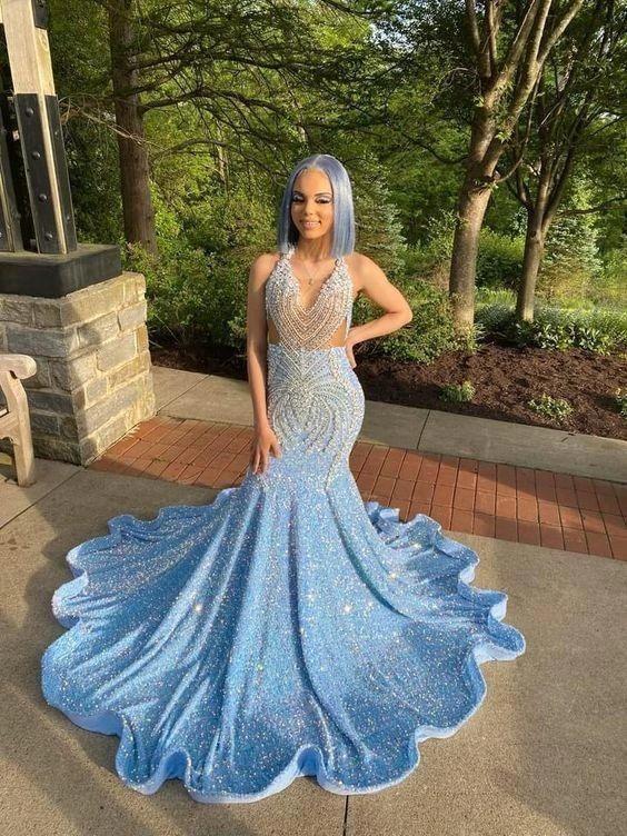 Sexy shimmery blue prom dress sparkling sequin reception dress evening cocktail graduation gown Y471 - Image 2