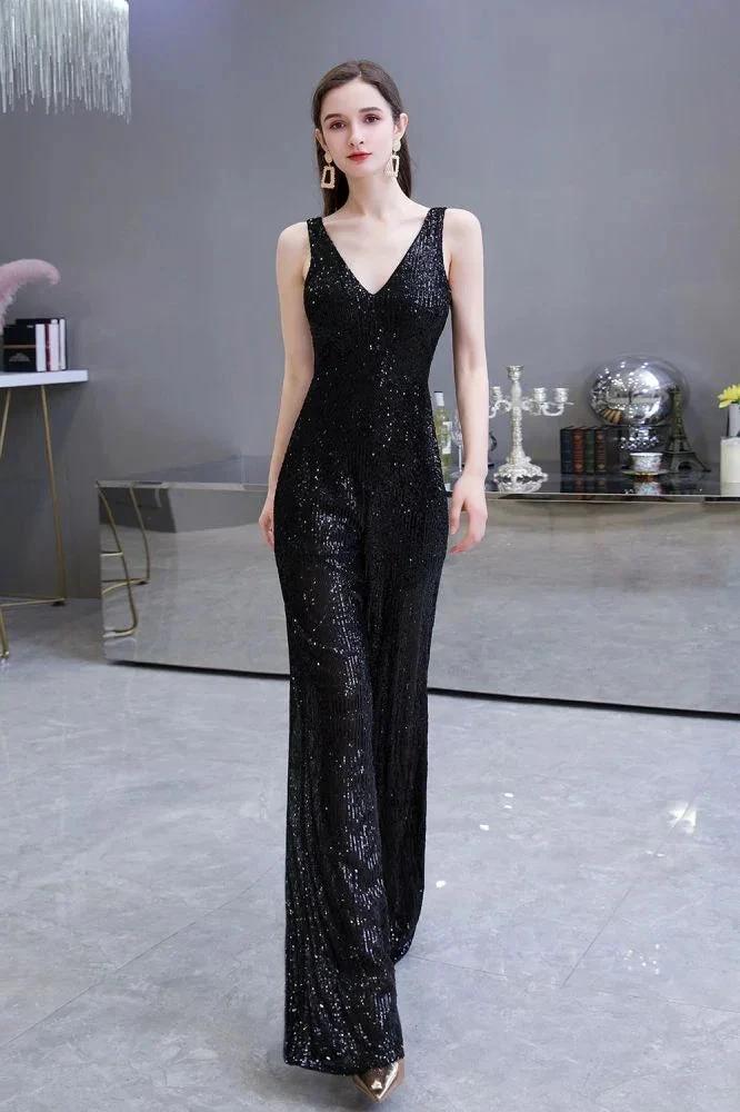 Sexy Shining V-neck Silver Sequin Sleeveless Prom Jumpsuit - Image 3