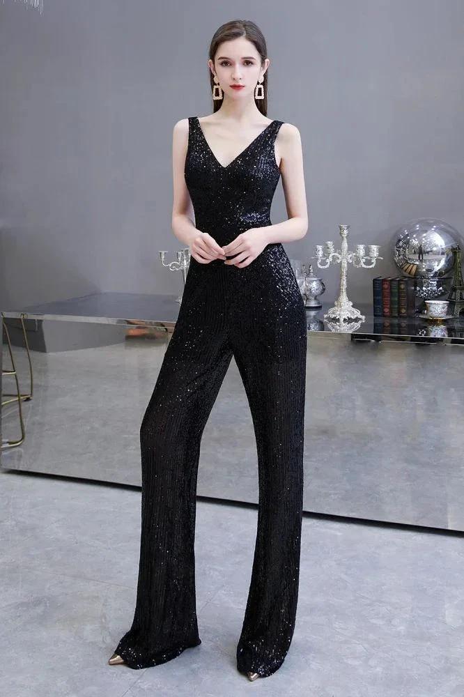 Sexy Shining V-neck Silver Sequin Sleeveless Prom Jumpsuit - Image 4